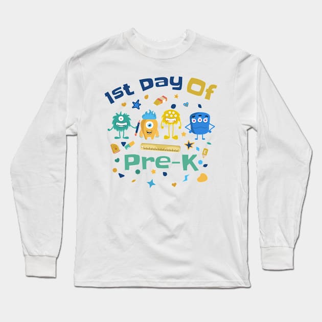 Kid 1st Day Of Preschool Kindergarten Monster Design Long Sleeve T-Shirt by AimArtStudio